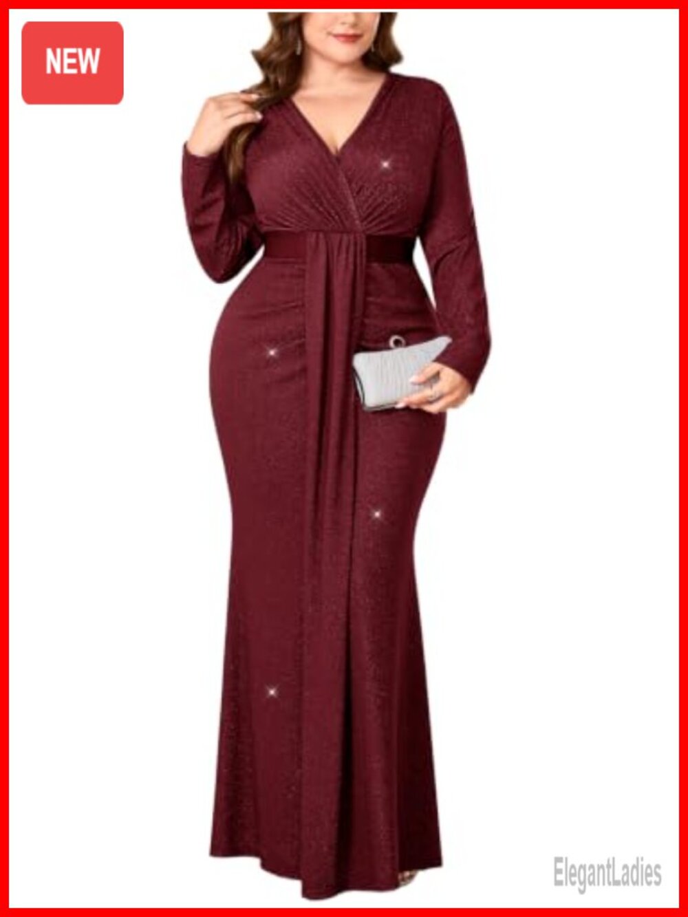 Plus Size Sparkly Mermaid Maxi Dress Draped Ruched Long Sleeve